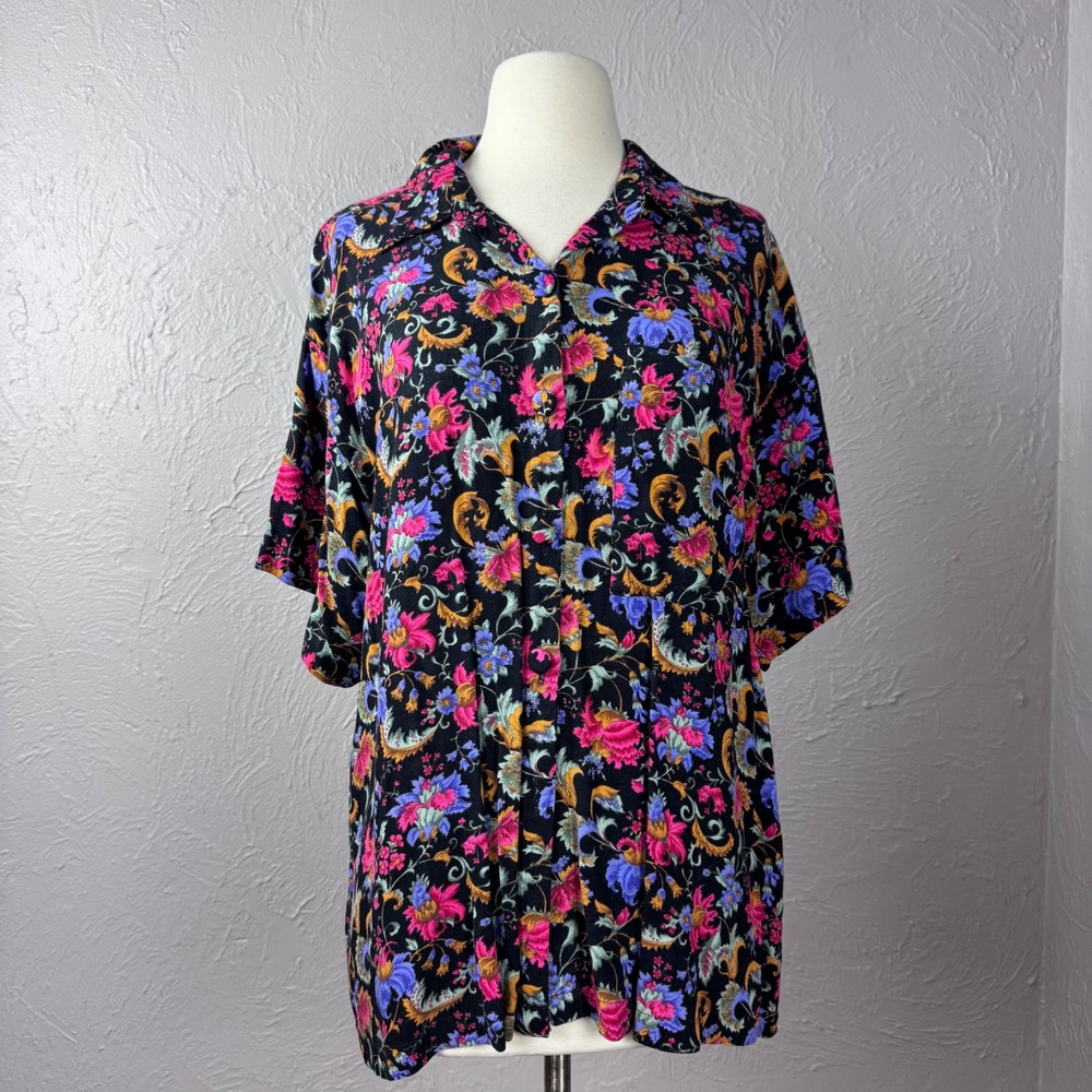Vtg 80's Gitano Sz Large black floral short sleeve button top 80s teen mall